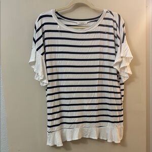 Promesa women’s size L striped navy white open overlap back ruffle sleeve hem